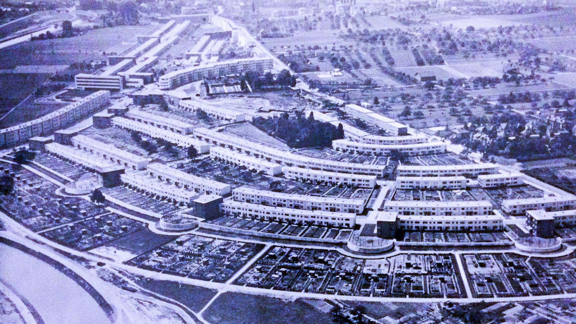 Historisches Luftbild der Römerstadt (Postkarte, um 1930 - Darstellung farblich geändert)